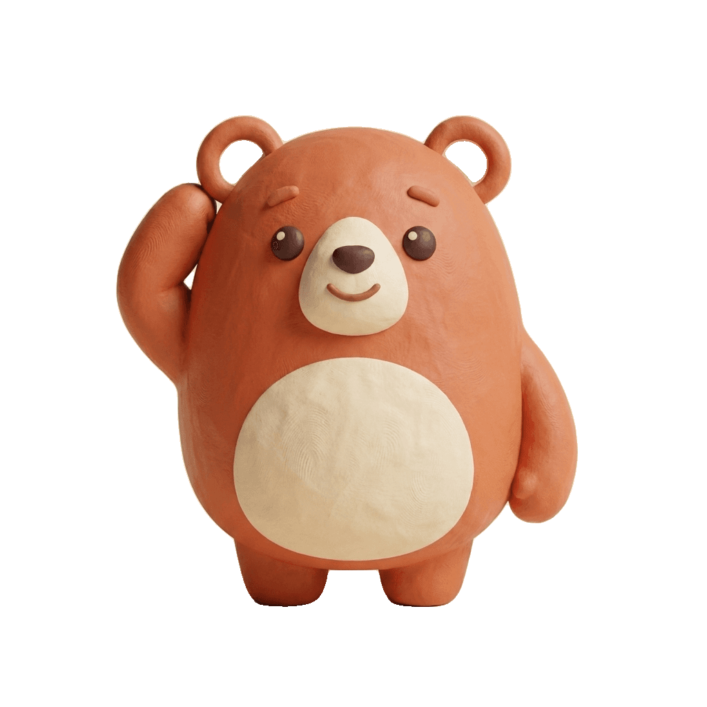 Bruno the clay bear, cupping a paw to his ear, listening