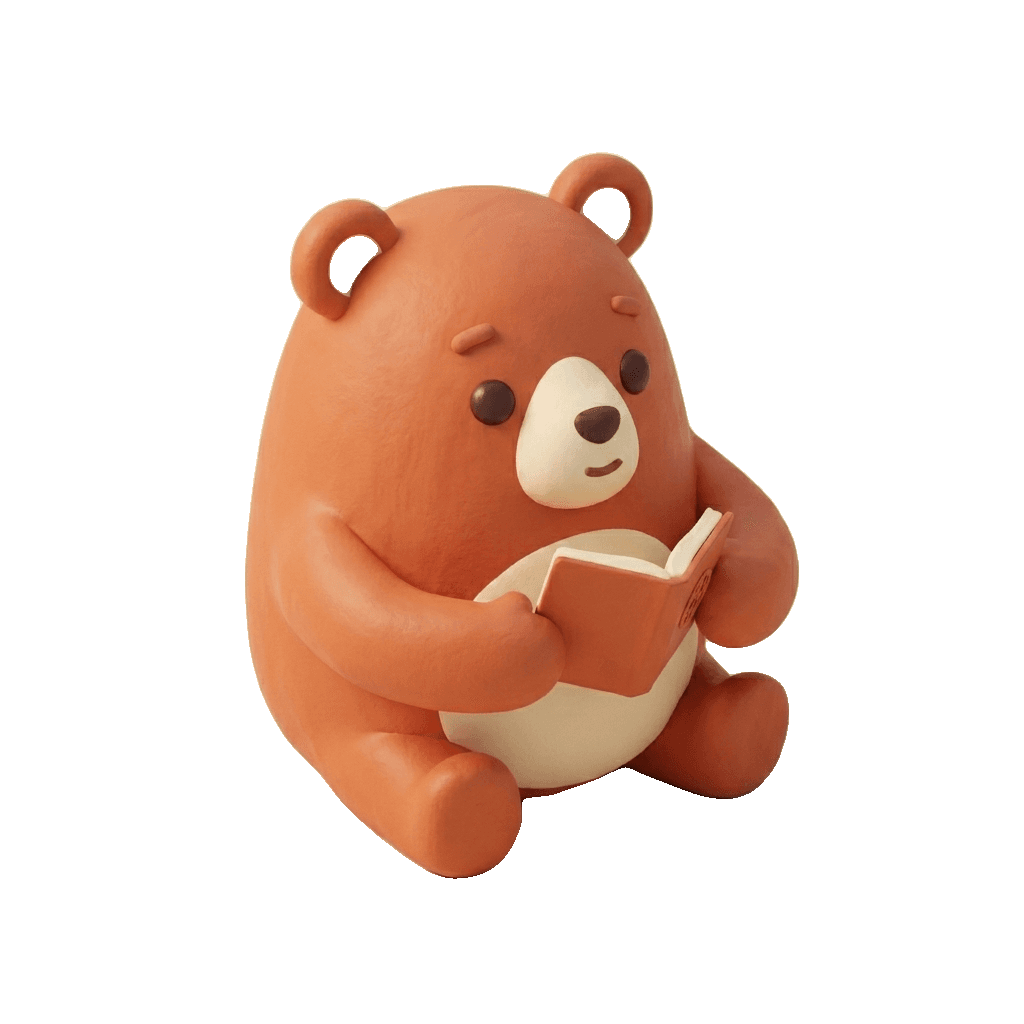 Bruno the clay bear, sitting and reading his passport booklet