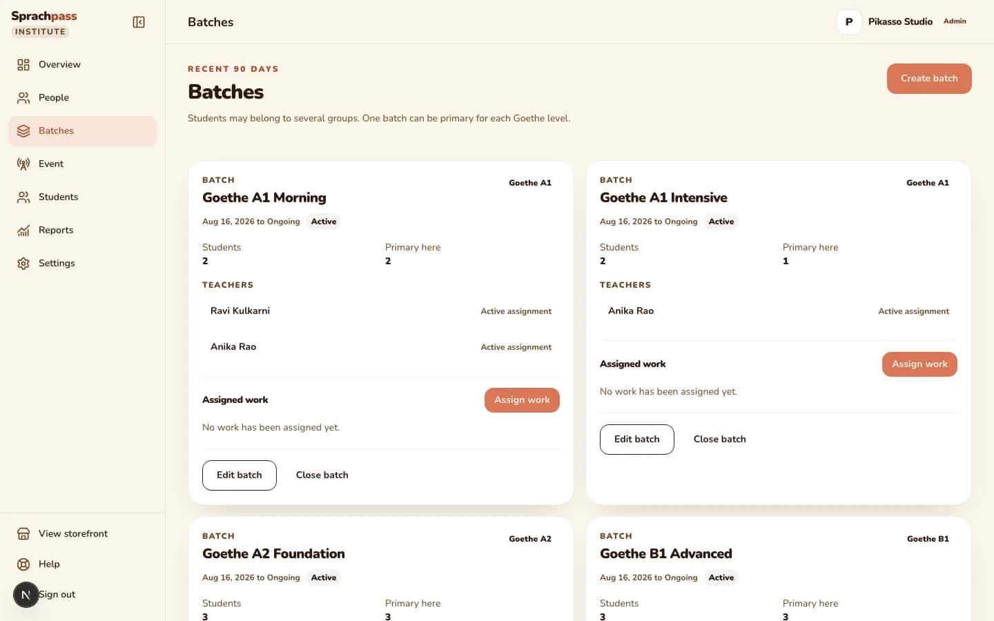 The institute cockpit's Batches view: batch cards with exam target, dates, student count, assigned teachers and assigned work