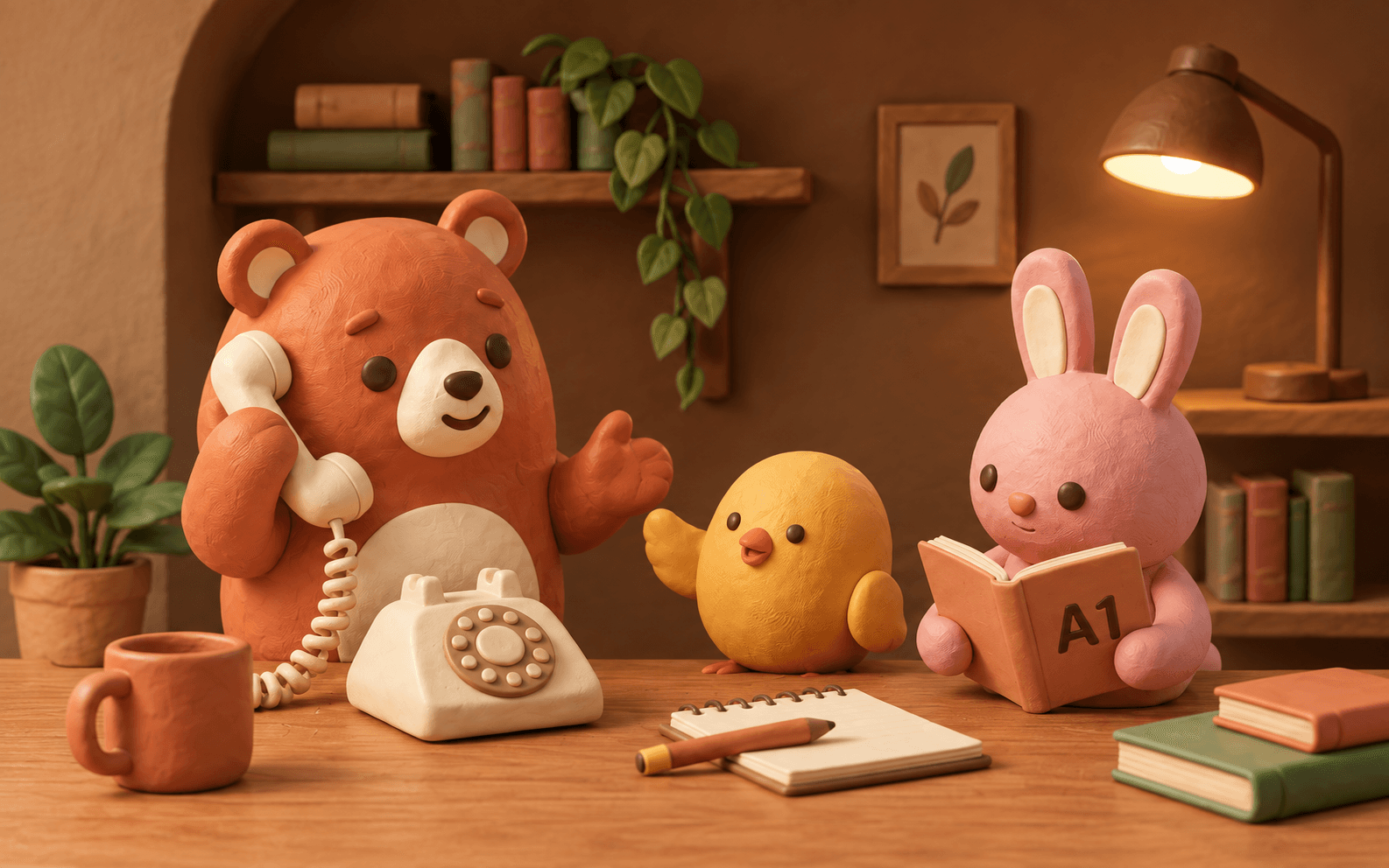 Bruno talks on an old clay telephone at a cosy study desk while the gold chick listens and the rose rabbit reads an A1 book