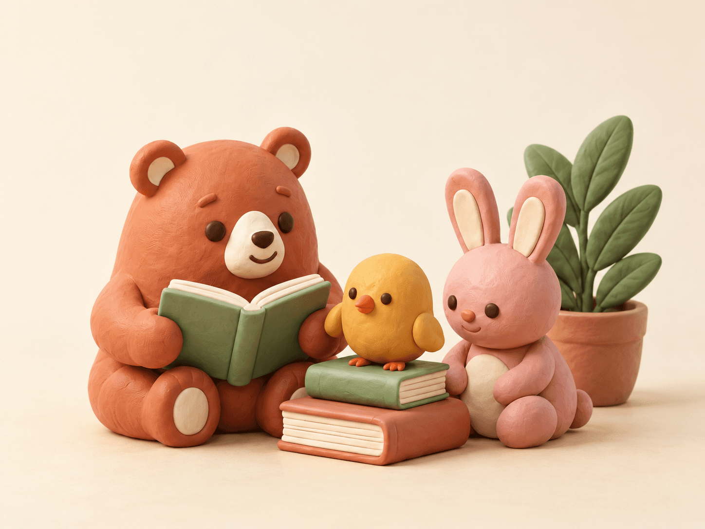 Bruno reads a green book while the gold chick perches on a stack of books and the rose rabbit sits beside them