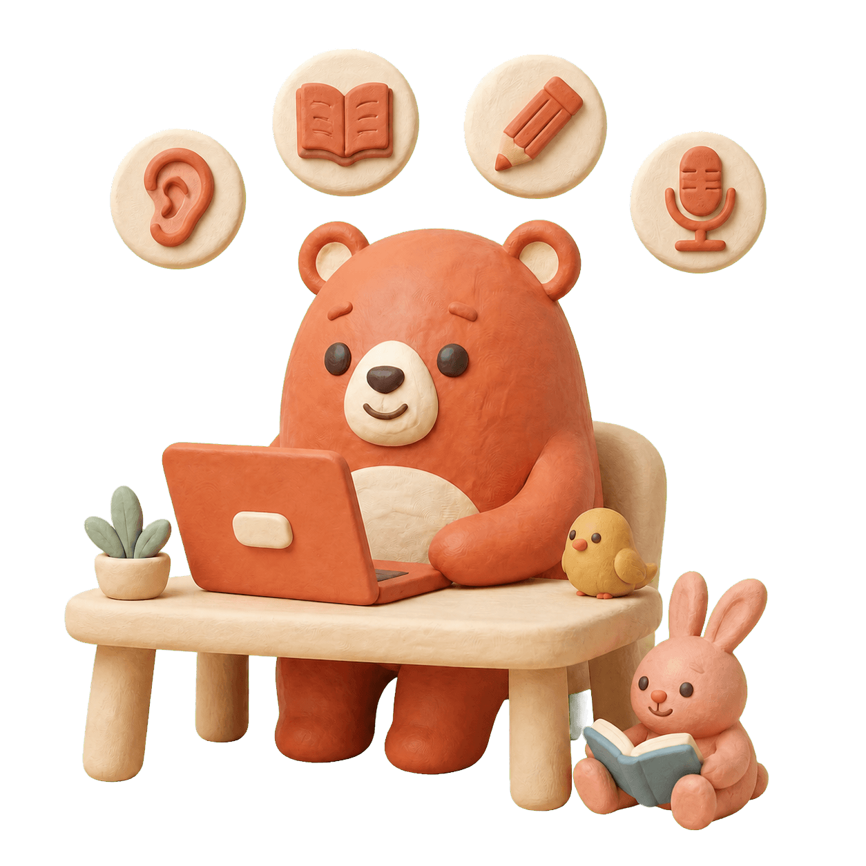 Bruno practices German at a laptop while four clay skill symbols float above him, with the gold chick and rose rabbit nearby