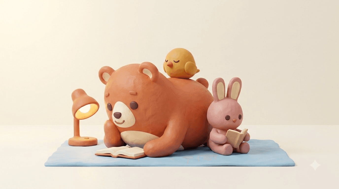 Bruno the clay bear reads a book by a lamp with the chick asleep on his back and the rabbit reading beside him