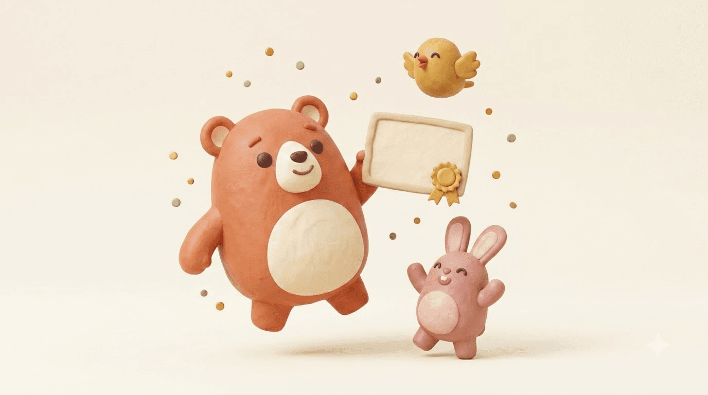 Bruno the clay bear leaps holding a certificate while the chick and rabbit celebrate