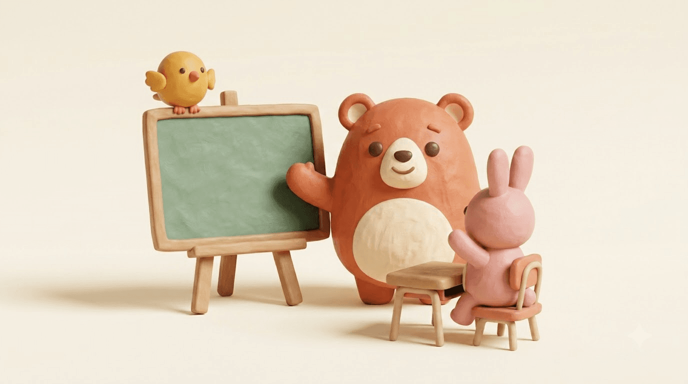 Bruno the clay bear teaches at a chalkboard while the rabbit sits at a school desk and the chick perches on the board