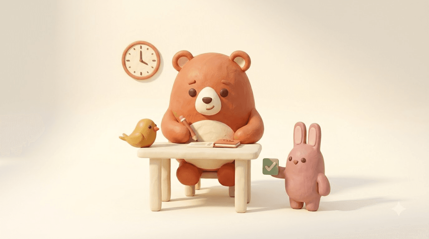 Bruno the clay bear takes a mock exam at a desk while the chick and rabbit cheer him on