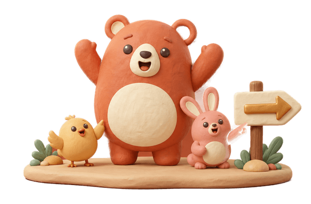 Bruno celebrates a chosen thread on the rust band while the gold chick and the rose rabbit point the way the signpost arrow points