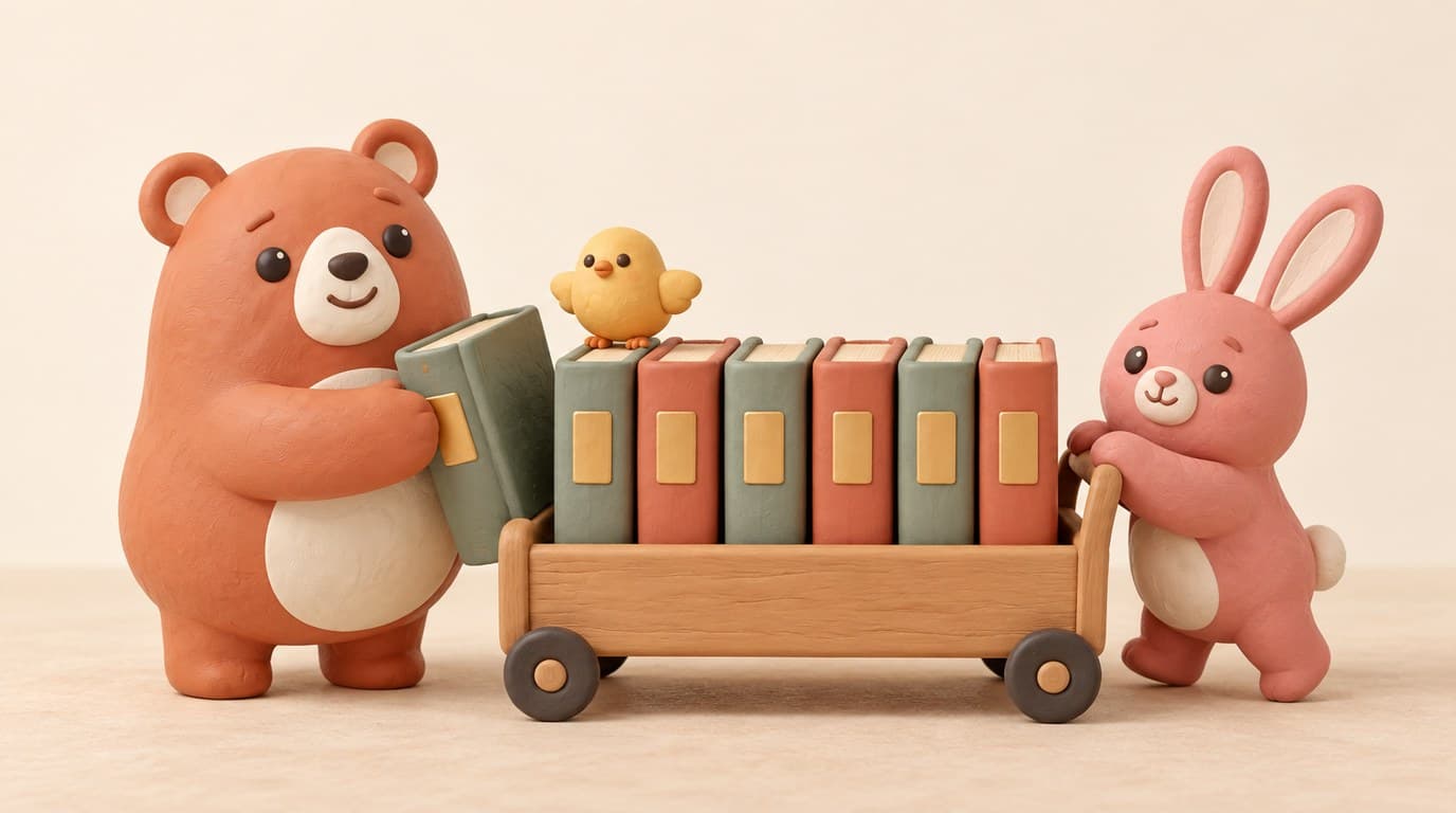 Bruno pulls one topic board from a library cart while the rose rabbit pushes it and the gold chick rides on top