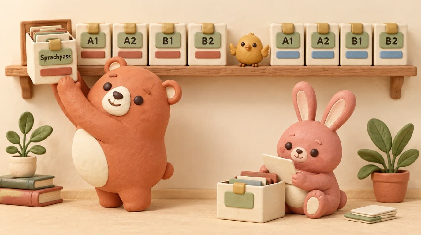Bruno pulls the About Sprachpass box from a shelf of nine question boxes while the rose rabbit reads a card and the gold chick stands between boxes