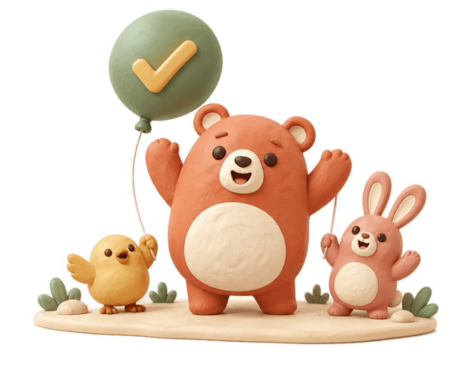 Bruno celebrates an answered question on the rust band while the gold chick and the rose rabbit hold the string of a ticked balloon