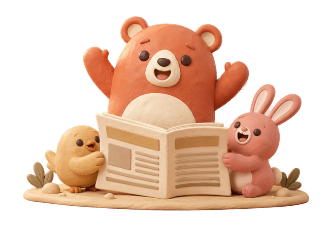 Bruno celebrates a finished report on the rust band while the gold chick reads the back page and the rose rabbit folds the paper
