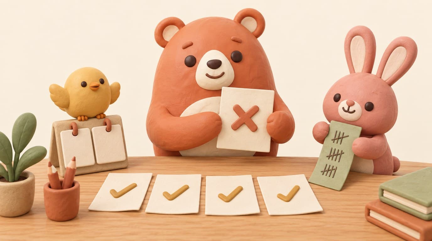 Bruno compares five copies of the same page, one marked with a cross, while the rose rabbit keeps a tally strip and the gold chick sits on a calendar block
