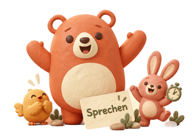 Bruno finishes a talk on the rust band while the gold chick claps and the rose rabbit holds up a stopwatch