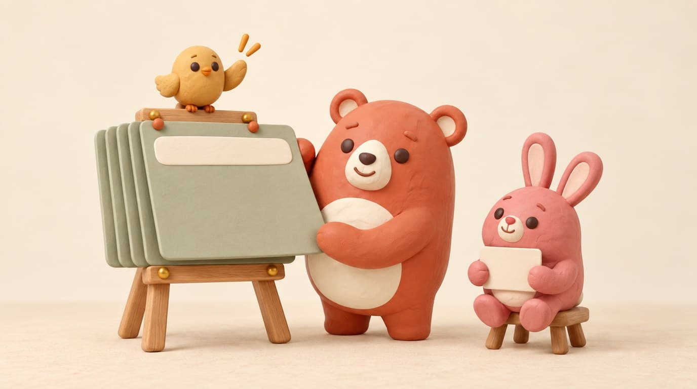 Bruno presents from five clay slides on an easel while the rose rabbit waits with a question card and the gold chick counts the parts