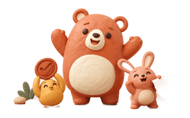 Bruno celebrates a finished plan on the rust band while the gold chick holds the stamp and the rose rabbit tears off the calendar page