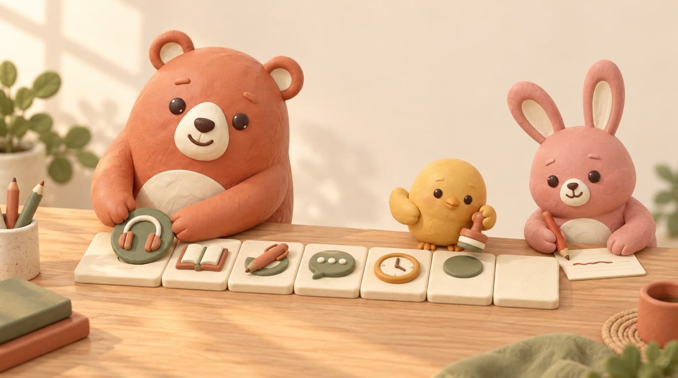 The trio lays out one study week on a clay week strip with skill tokens and a Friday clock
