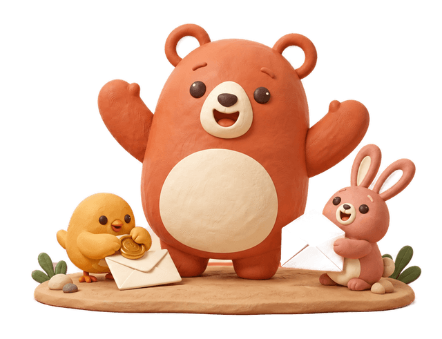 Bruno celebrates a sealed letter on the rust band while the gold chick presses the seal and the rose rabbit holds the envelope