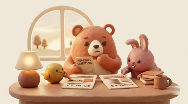 Bruno checks a reading question at a desk while the gold chick and rose rabbit compare source cards