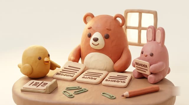 Bruno turns three writing task points into a simple route while the gold chick and rose rabbit compare register cards