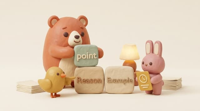 Bruno makes three speaking notes while the gold chick and rose rabbit arrange a point, reason and example