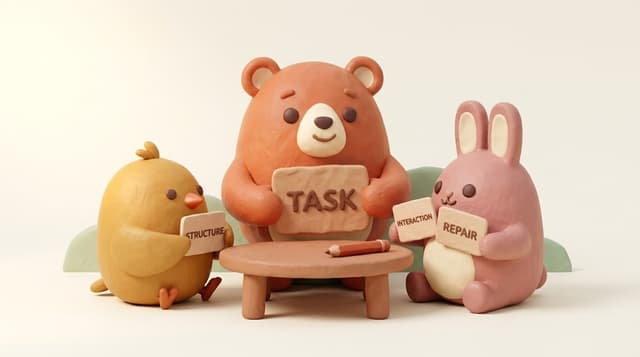 Bruno, the gold chick and the rose rabbit review a speaking turn around a small clay table