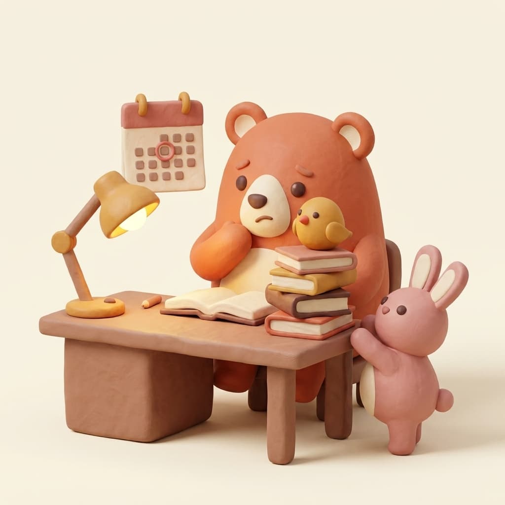 Bruno the clay bear studying at his desk with a worried face, his gold chick and rose rabbit friends beside him, the exam date circled on the calendar